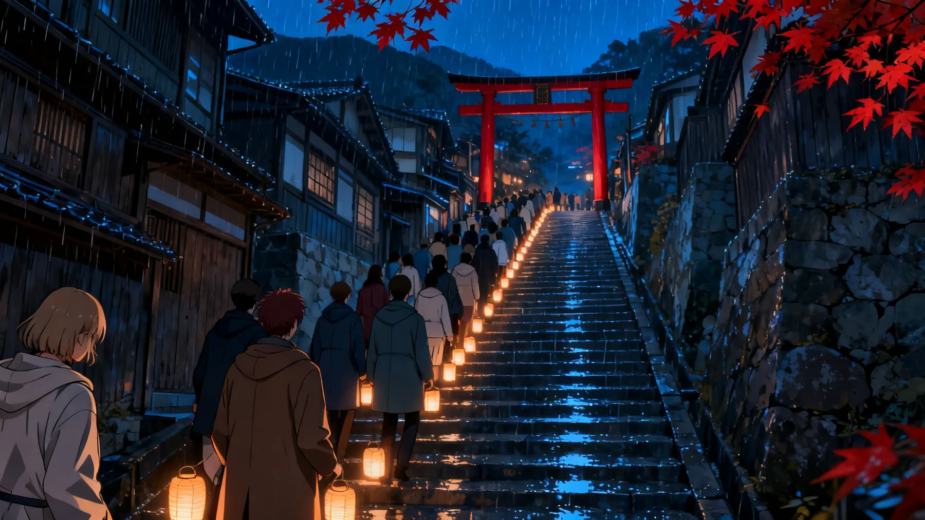 A crowd with paper lanterns climbing the stone stairs toward the red torii in the rain, seen from behind