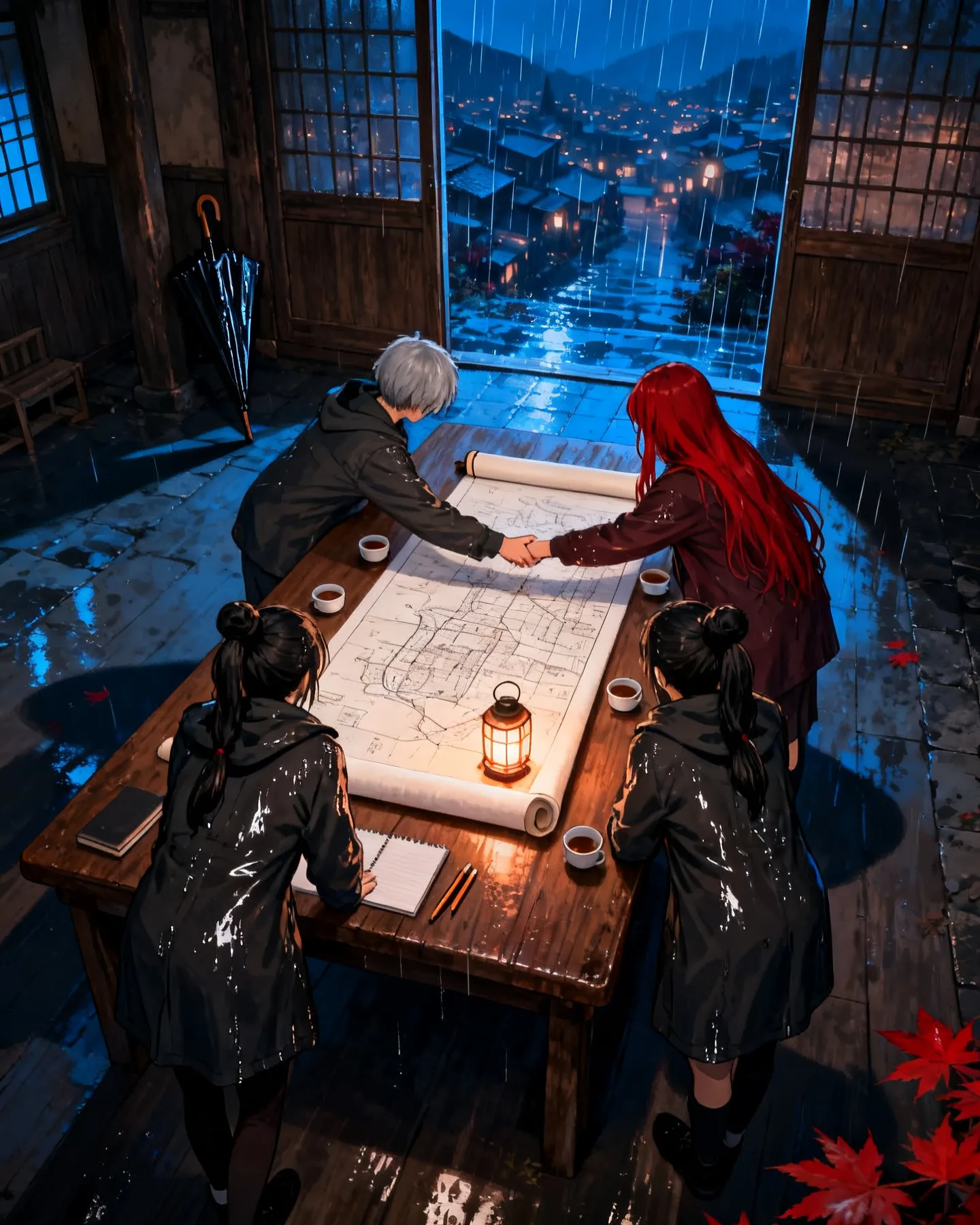 Two crews shake hands over a plan unrolled on the hall's table, rain on the town outside