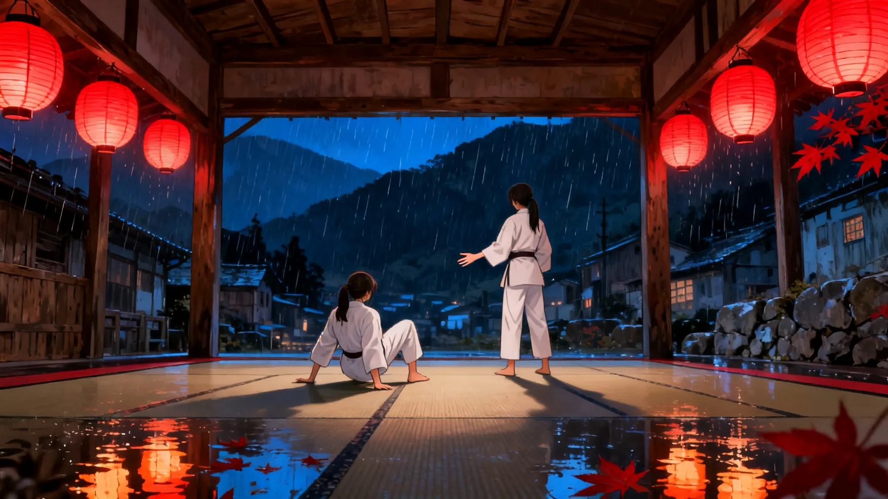 Two girls in gi on the tatami, one rising from the floor toward the other’s outstretched hand