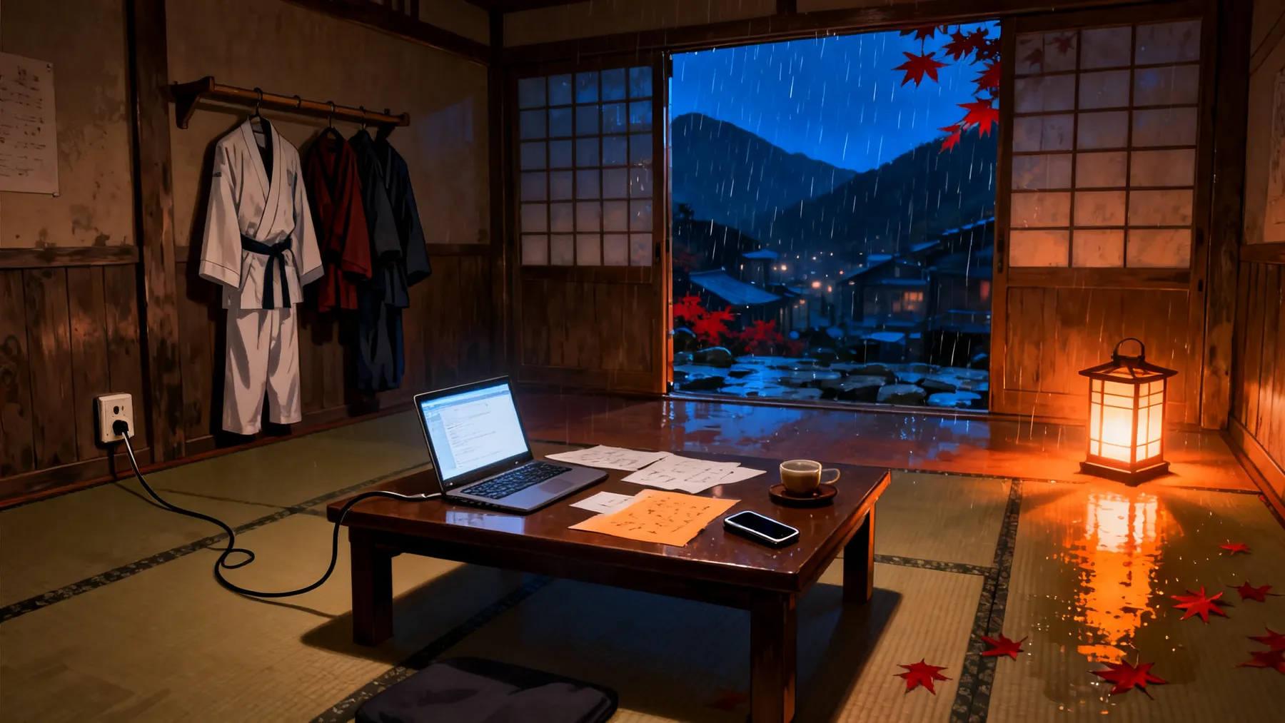 The hall used as a workroom: a laptop on a low table, gi hanging by the coats, doors open to the rain
