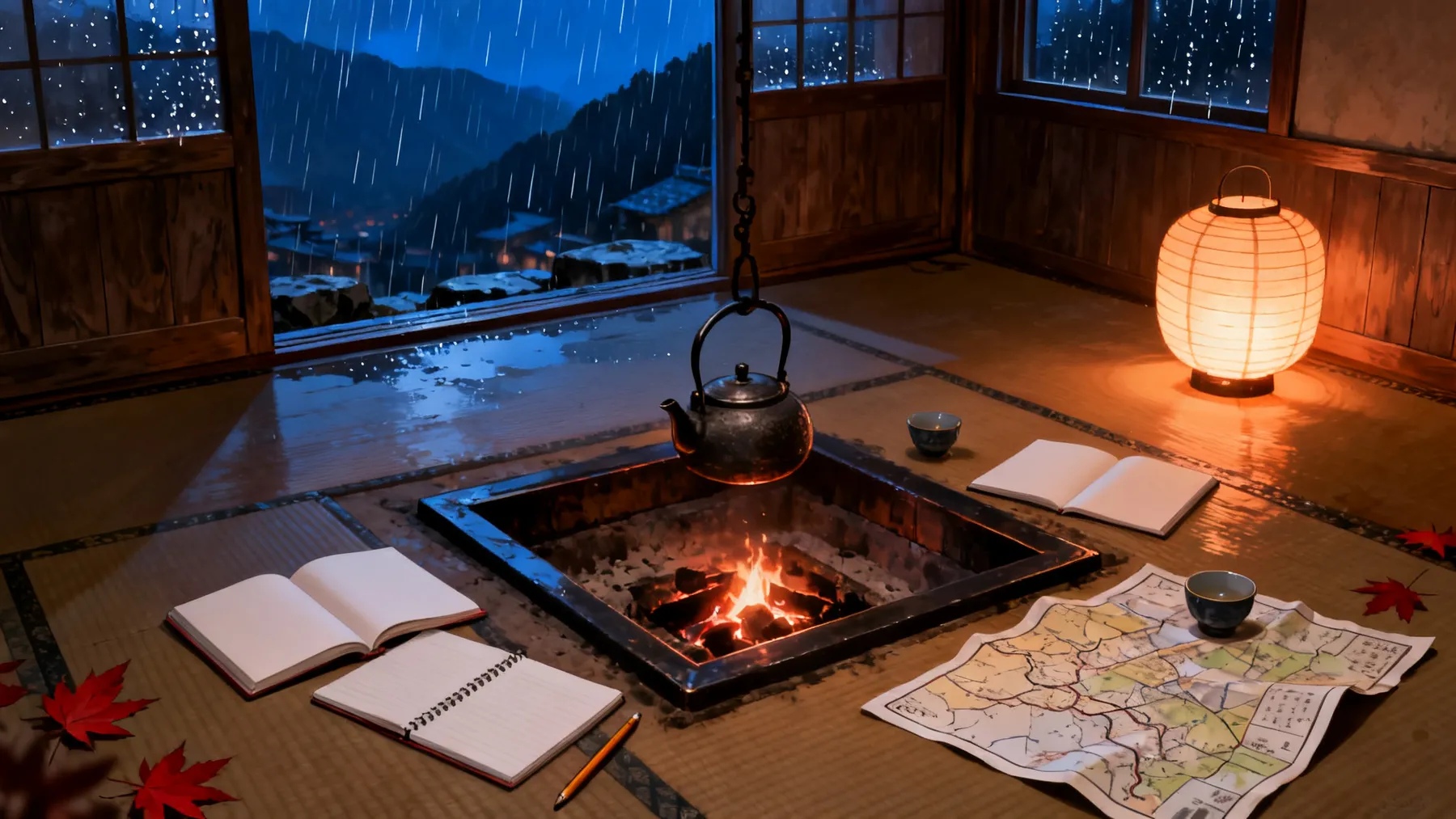 The sunken hearth with its kettle, open notebooks and a map on the tatami, one lantern
