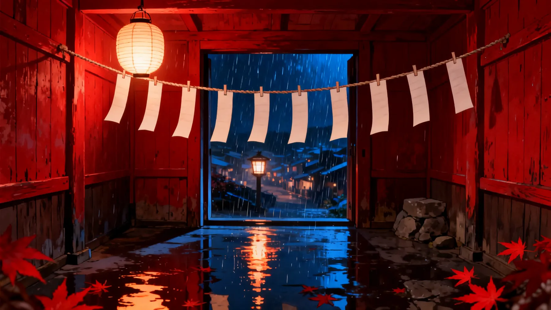 Eight blank paper strips hung on a cord across the red-lit hall, the lantern-lit town beyond the door