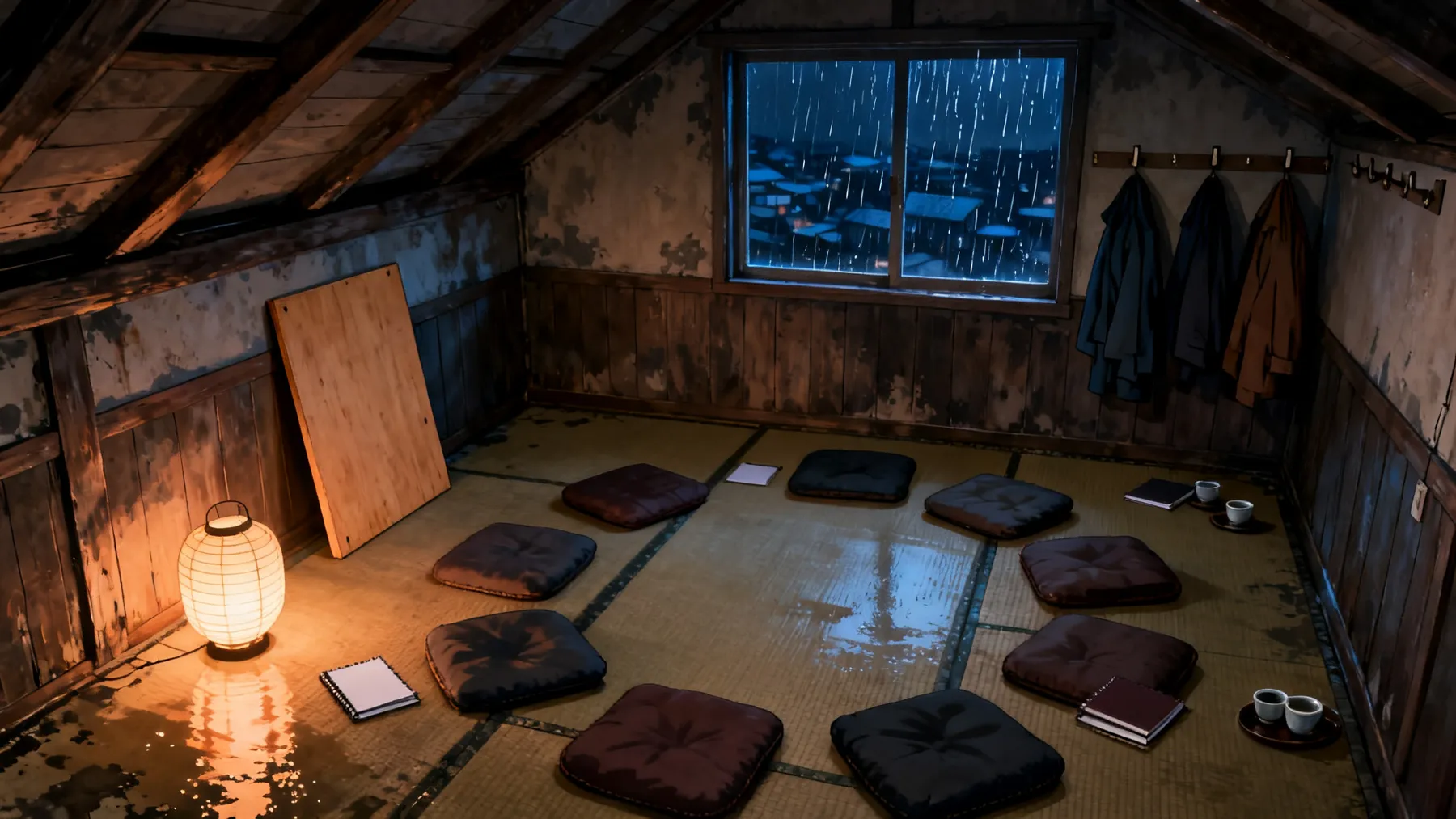 The room above the bathhouse: worn tatami, a blank sign against the wall, cushions in a circle, one lantern
