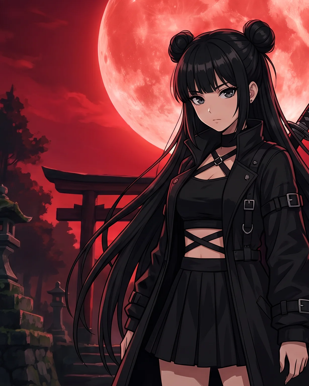 A Hazels guardian before a torii gate under the red moon